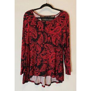 Cable & Gauge Red Black Paisley Long Sleeve High-Low Tunic Top Large